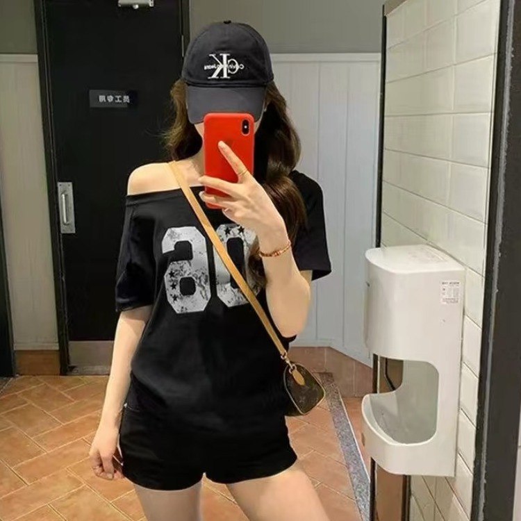 220 그램 92 면 8 암모니아 Lun 아메리칸 핫걸 비스듬한 어깨 알파벳 프린트 반팔 티셔츠 여성
