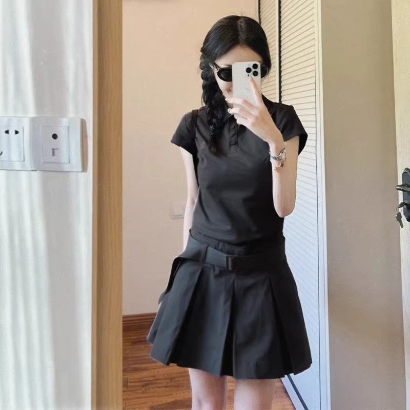 학원 스타일 POLO 칼라 작은 키 품격 디스플레이 높음 드레스 아이들 여름 2026 새로운 허리 수축 플리츠 미니 스커트