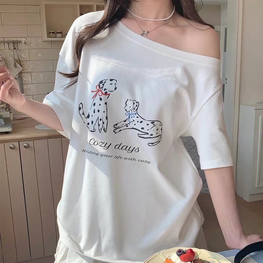 220 그램 92 면 8 암모니아 Lun 아메리칸 핫걸 비스듬한 어깨 알파벳 프린트 반팔 티셔츠 여성