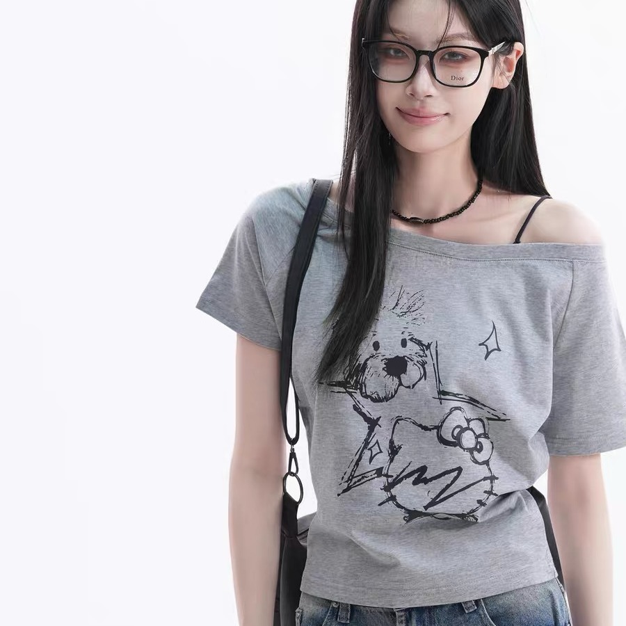 220 그램 92 면 8 암모니아 Lun 아메리칸 핫걸 비스듬한 어깨 알파벳 프린트 반팔 티셔츠 여성