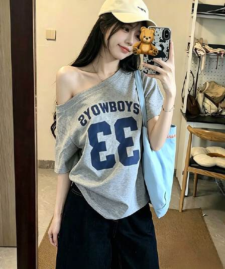 220 그램 92 면 8 암모니아 Lun 아메리칸 핫걸 비스듬한 어깨 알파벳 프린트 반팔 티셔츠 여성