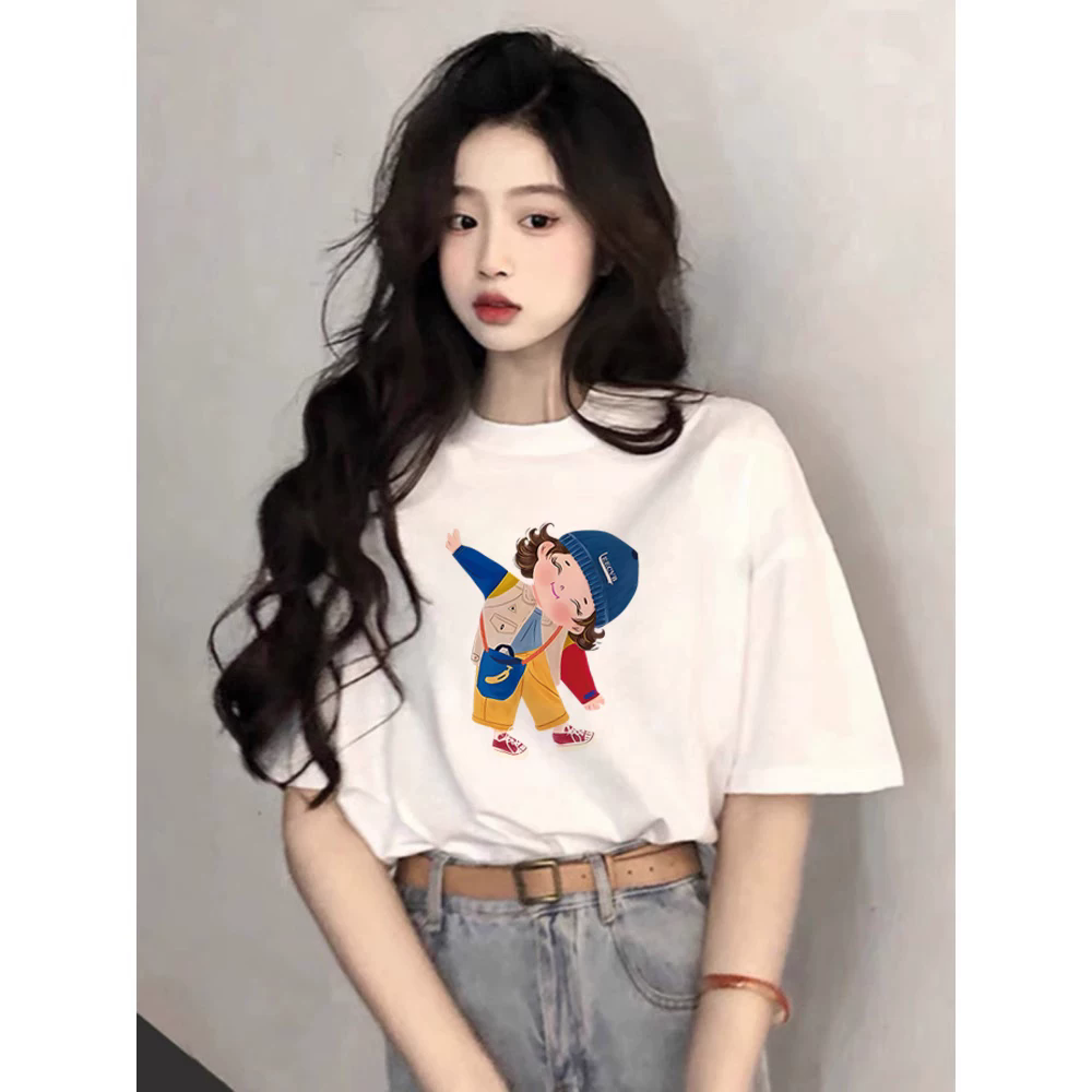 경관 그림 21 순면 210 그램 여름 드레스 한 부서 반팔 티셔츠 여성 한국 스타일 루즈핏 빅 사이즈 프린트