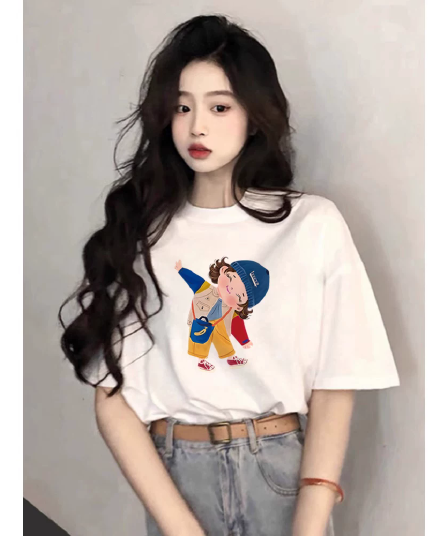 경관 그림 21 순면 210 그램 여름 드레스 한 부서 반팔 티셔츠 여성 한국 스타일 루즈핏 빅 사이즈 프린트