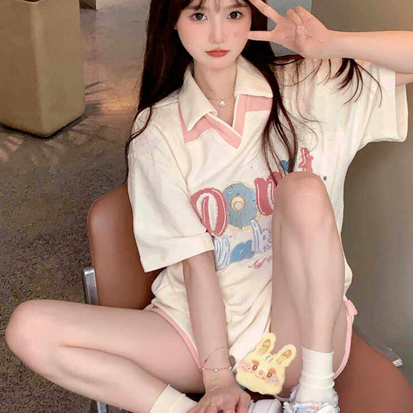 535 Mianhua 남편 그리드 원본 수건 자수 원본 것 도파민 소녀 귀여운 서비스 세트 투피스 세트