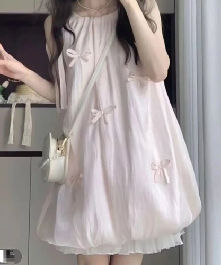 달콤함 부드러운 귀여운 핑크색 나비 매듭 꽃밭 드레스 여자 학생 여름 새로운 루즈핏 슬림해 보이는 미니 스커트