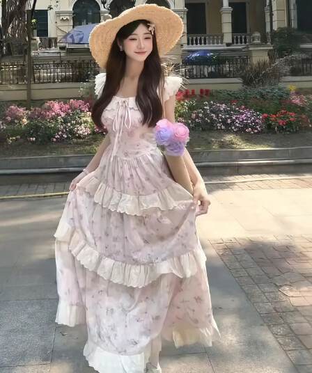 작은 날다 소매 꽃무늬 슬립 여성 드레스 여름 새로운 프랑스식 달콤함 품격 허리 수축 슬림해 보이는 퍼프 케이크 드레스
