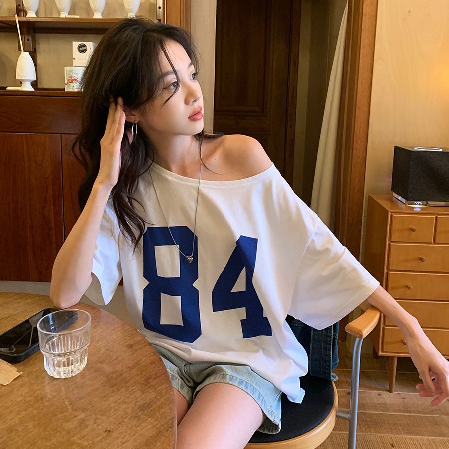 220 그램 92 면 8 암모니아 Lun 아메리칸 핫걸 비스듬한 어깨 알파벳 프린트 반팔 티셔츠 여성