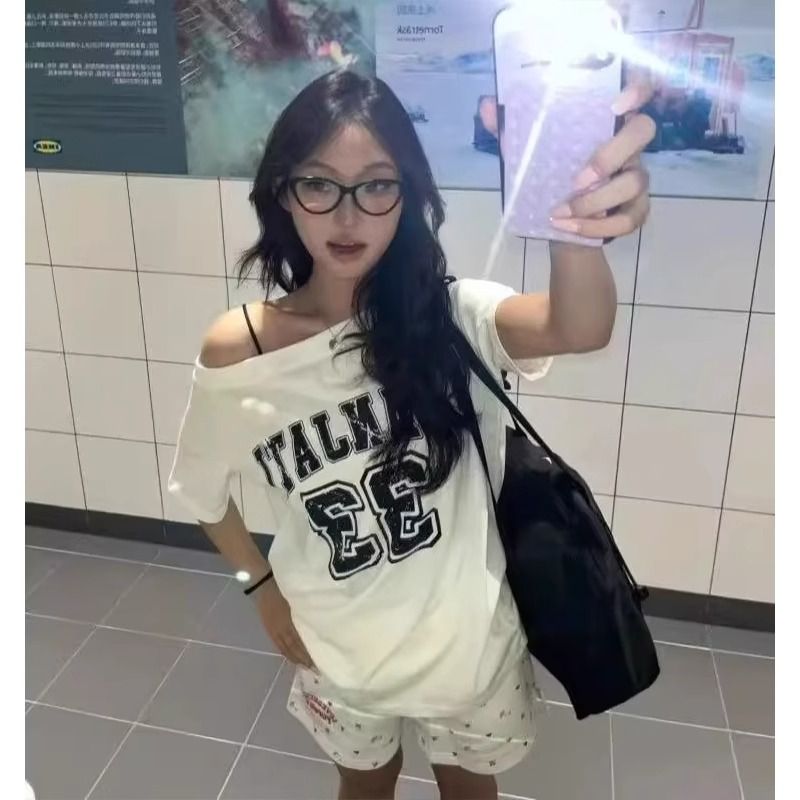 220 그램 92 면 8 암모니아 Lun 아메리칸 핫걸 비스듬한 어깨 알파벳 프린트 반팔 티셔츠 여성
