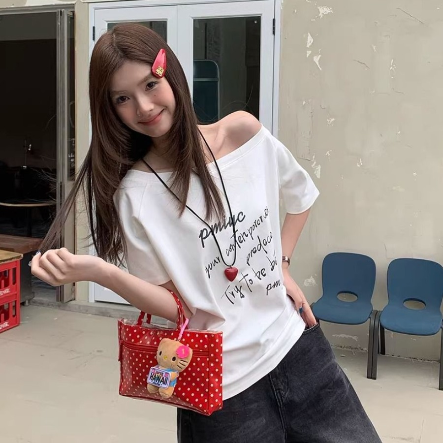 220 그램 92 면 8 암모니아 Lun 아메리칸 핫걸 비스듬한 어깨 알파벳 프린트 반팔 티셔츠 여성
