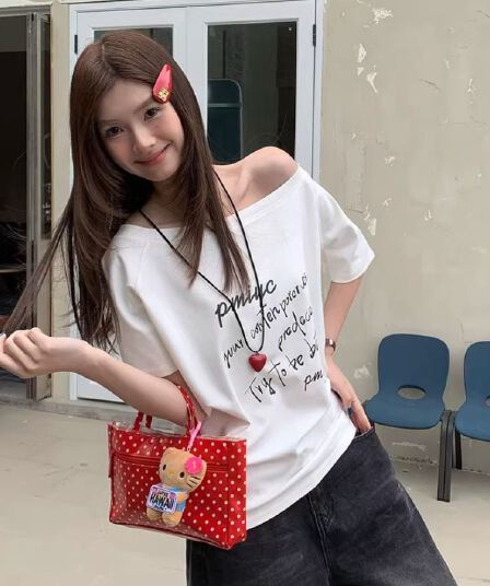 220 그램 92 면 8 암모니아 Lun 아메리칸 핫걸 비스듬한 어깨 알파벳 프린트 반팔 티셔츠 여성