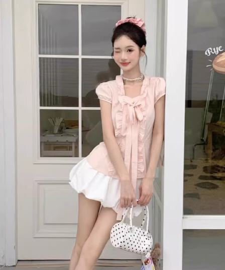 프랑스식 달콤함 핑크색 프릴 주름 나비 넥타이 반팔 셔츠 거품 소매 몸매 가꾸기 슬림해 보이는 맨위 여름