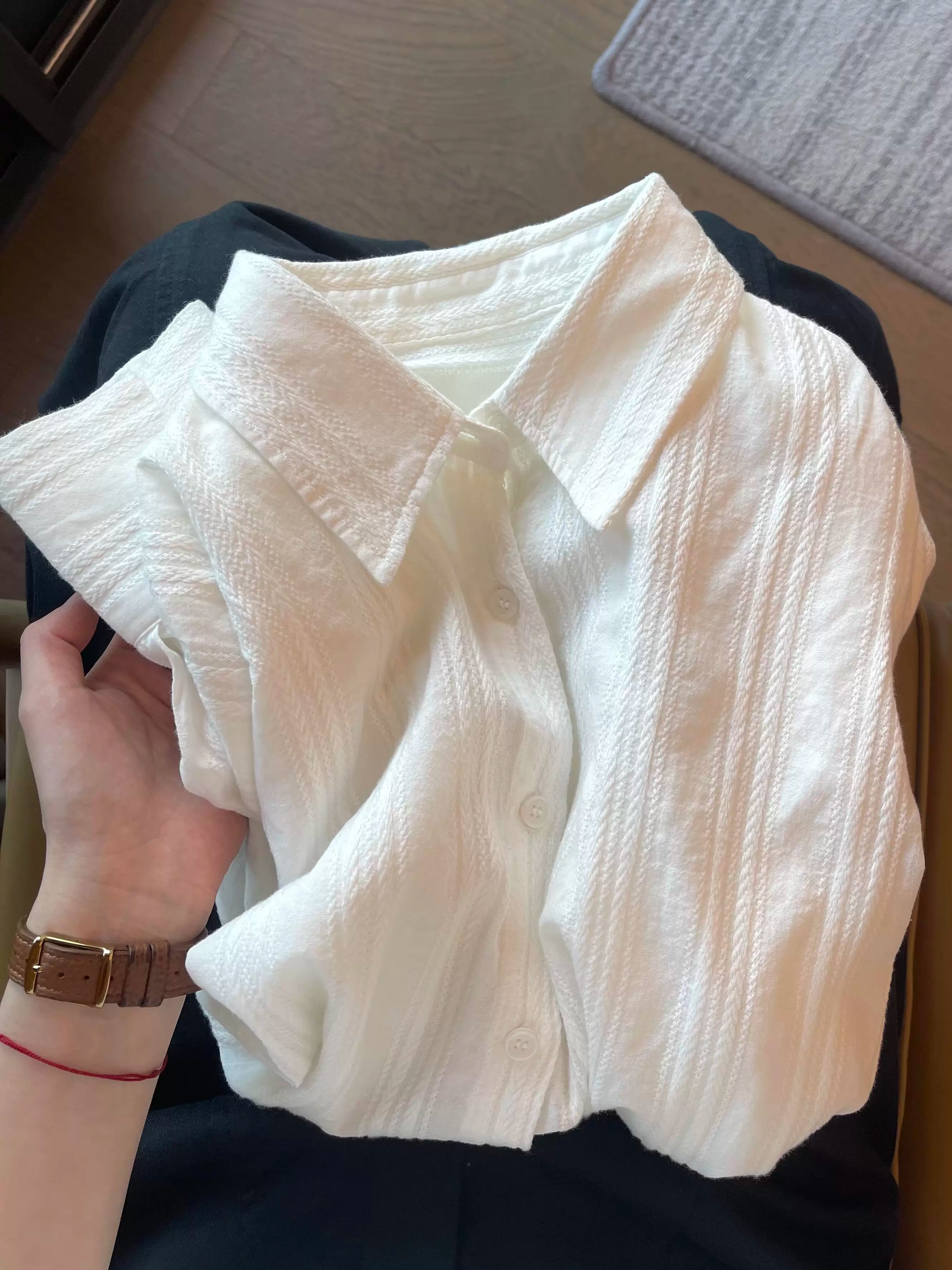 한 부서 순면 화이트 자카드 긴팔 여성 셔츠 봄 여름 오래된 돈 바람 루즈핏 느긋한 자외선 차단 셔츠 ins