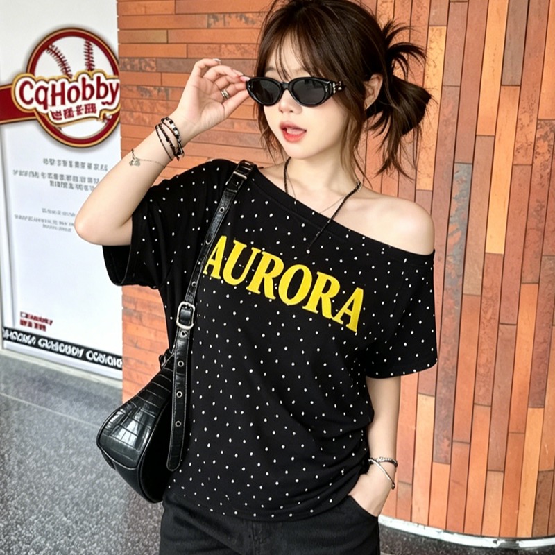 220 그램 40 순면 오스트리아 세대 서울 도트 무늬 비스듬한 어깨 반팔 티셔츠 여성