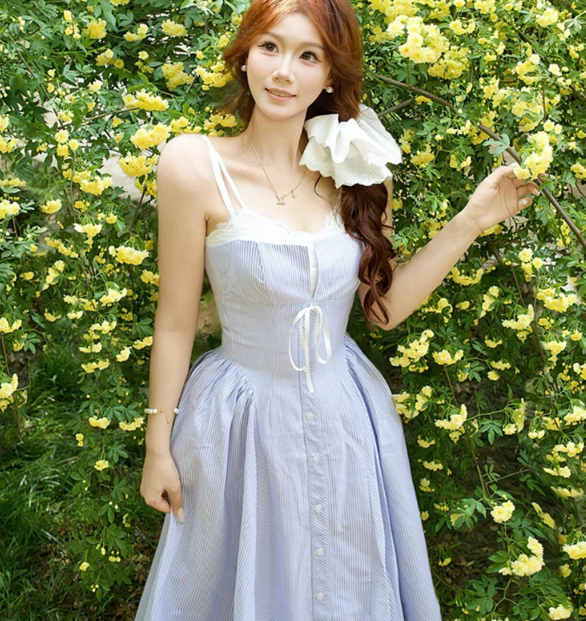 첫사랑 순수한 우유 달콤한 치마 순수한 욕망 바람 Chic 아름다운 체크무늬 슬립 드레스 품격 허리 수축 길다 치마