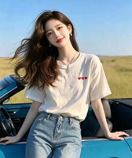 경관 그림 21 순면 210 그램 면 여름 드레스 한 부서 반팔 티셔츠 여성 한국 스타일 루즈핏 빅 사이즈 프린트