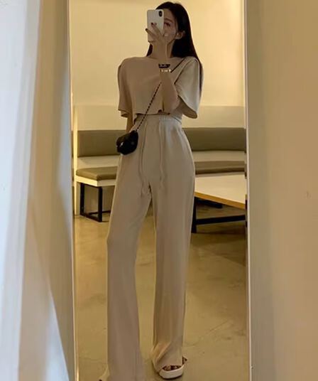 한국 chic 여름 미니멀리즘 라운드 넥 단색 풀오버 반팔 티셔츠 하이웨이스트 레이스업 트임 와이드 레그 팬츠 긴 바지 여성