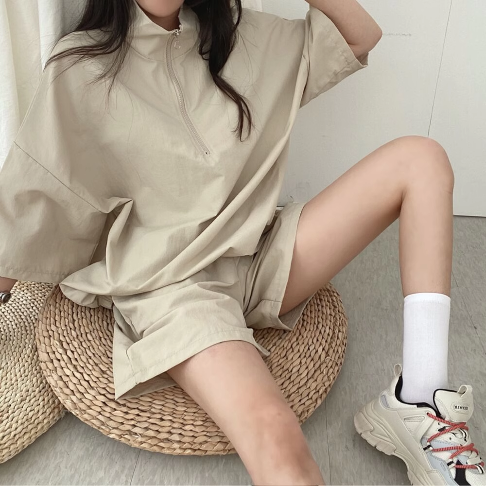 한국 chic 다용도 스탠드 칼라 지퍼 풀오버 루즈핏 맨위 하이웨이스트 캐주얼 운동 넓은 다리가 짧다. 바지 투피스 세트