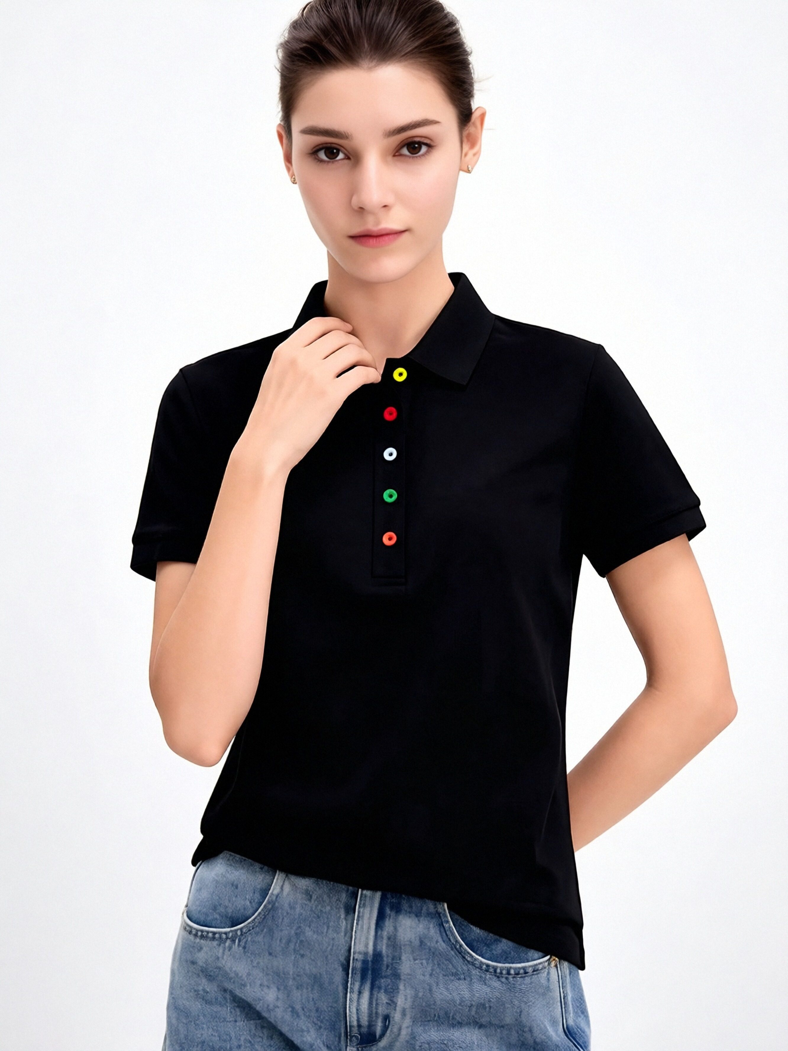 검정색 POLO 칼라 반팔 티셔츠 여성 여름 새로운 색상 단추 디자인 센스 작은 대중 폴로 칼라 다용도 캐주얼 맨위