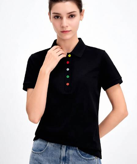 검정색 POLO 칼라 반팔 티셔츠 여성 여름 새로운 색상 단추 디자인 센스 작은 대중 폴로 칼라 다용도 캐주얼 맨위