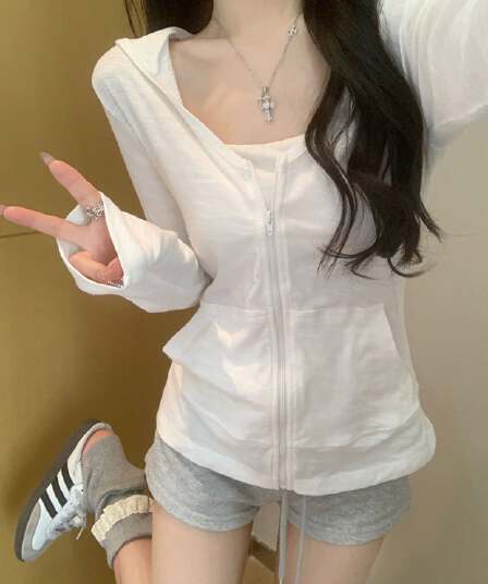 순수한 욕망 바람 miu 부서 화이트 후드 지퍼 자외선 차단 얇은 스타일 재킷 오픈 가디건 여성 봄 2026 긴팔 티셔츠 맨위
