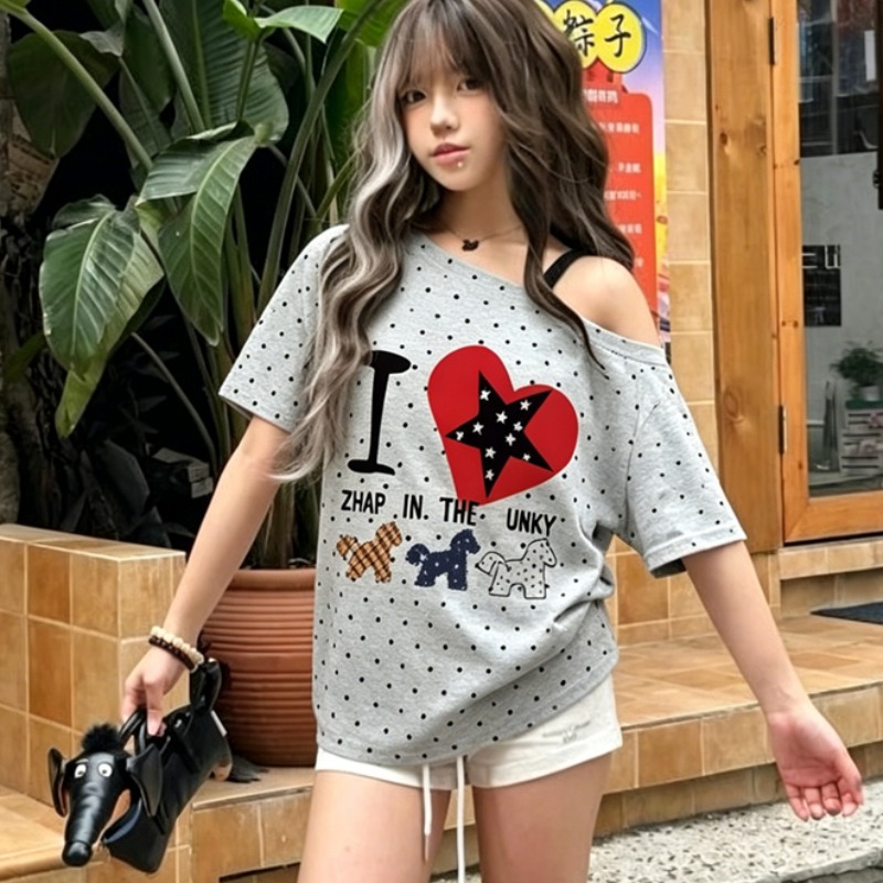 220 그램 40 순면 오스트리아 세대 서울 도트 무늬 비스듬한 어깨 반팔 티셔츠 여성