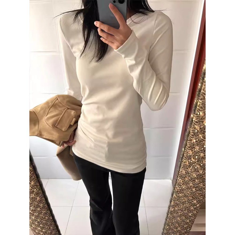 원본 품질 긍정적 인 어깨 긴팔 티셔츠 여성 가을 겨울철 라운드 넥 인사이드 잡아라. 의류