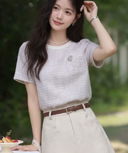 부드러운 바람 연한 자주색 작은 샤넬 스타일 티셔츠 여성 질감 센스 주머니 꽃 디자인 작은 대중 품격 다용도 반팔 맨위