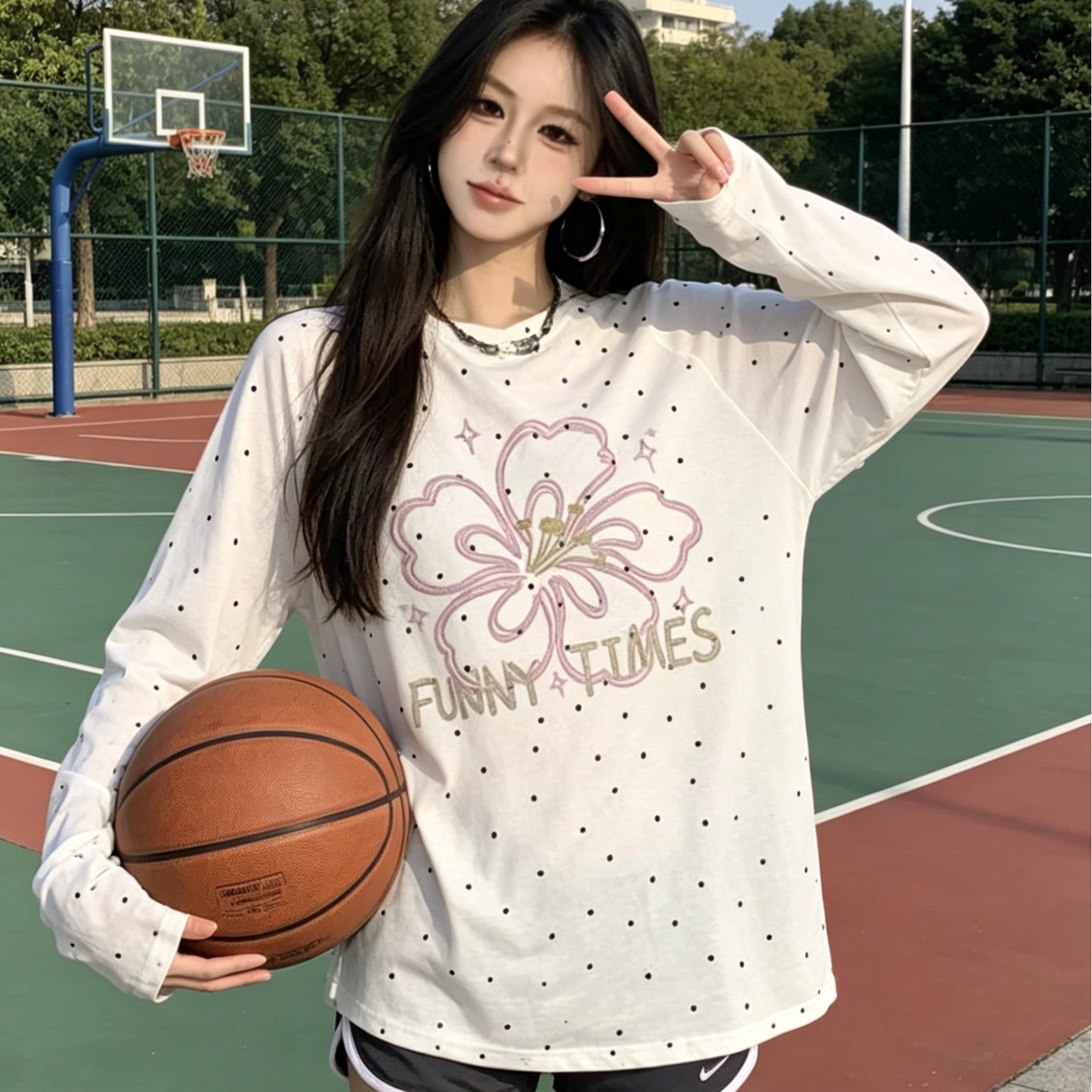 눈꽃 면 160 그램 자외선 차단 의류 도트 무늬 긴팔 블라우스 티셔츠 맨위
