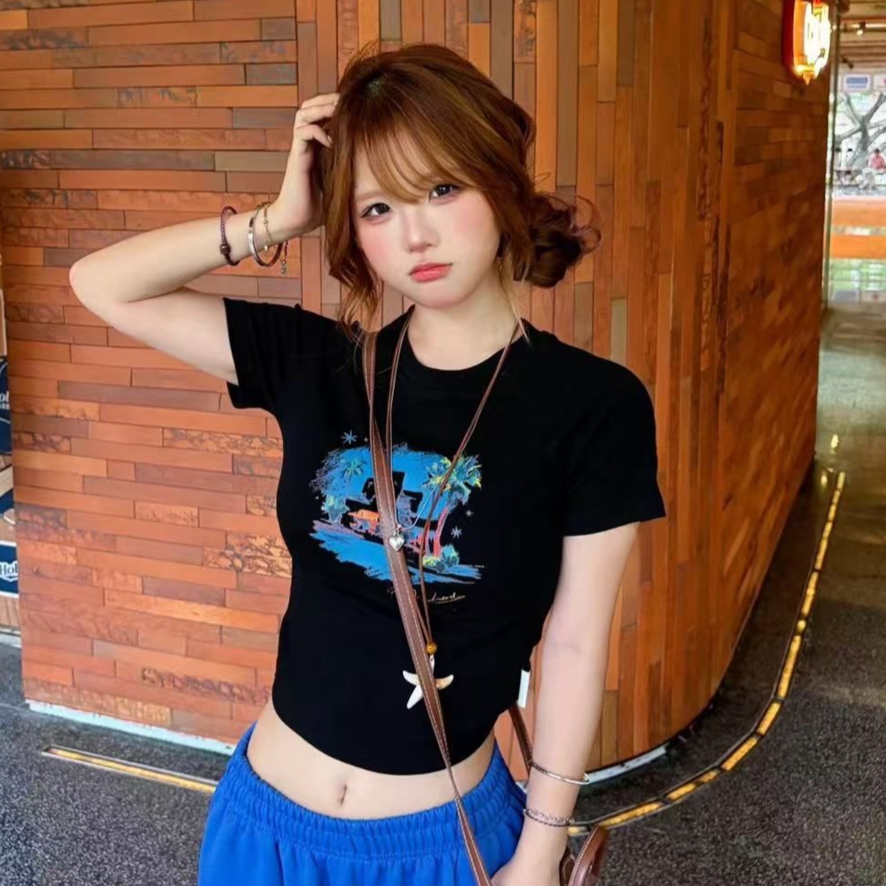 40 220 그램 빗질하다 92 면 8 암모니아 Lun 이후 패키지 칼라 몸매 가꾸기 슬림해 보이는 긍정적 인 어깨 반팔 티셔츠 여성