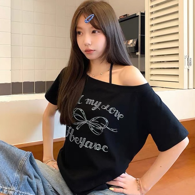 220 그램 92 면 8 암모니아 Lun 아메리칸 핫걸 비스듬한 어깨 알파벳 프린트 반팔 티셔츠 여성