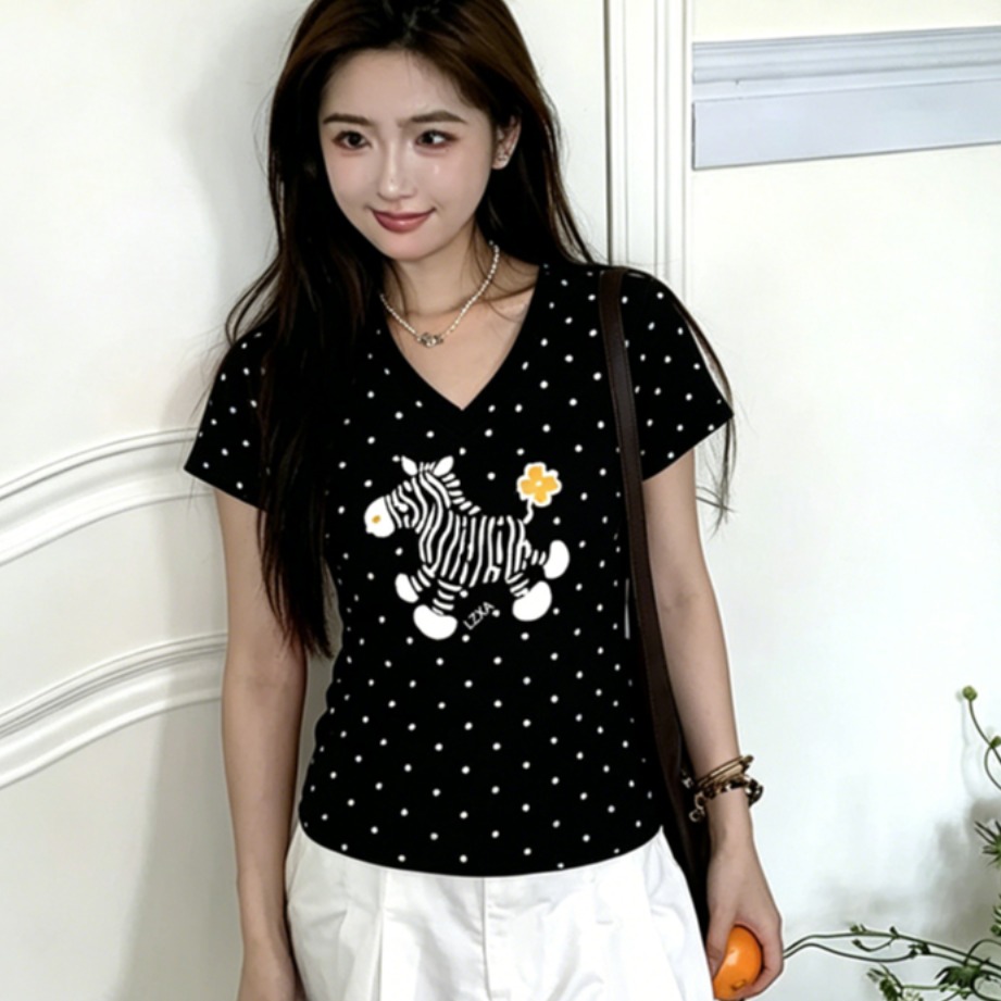 40 220 그램 빗질하다 92 면 8 암모니아 Lun 이후 패키지 칼라 몸매 가꾸기 슬림해 보이는 긍정적 인 어깨 V넥 반팔 티셔츠 여성