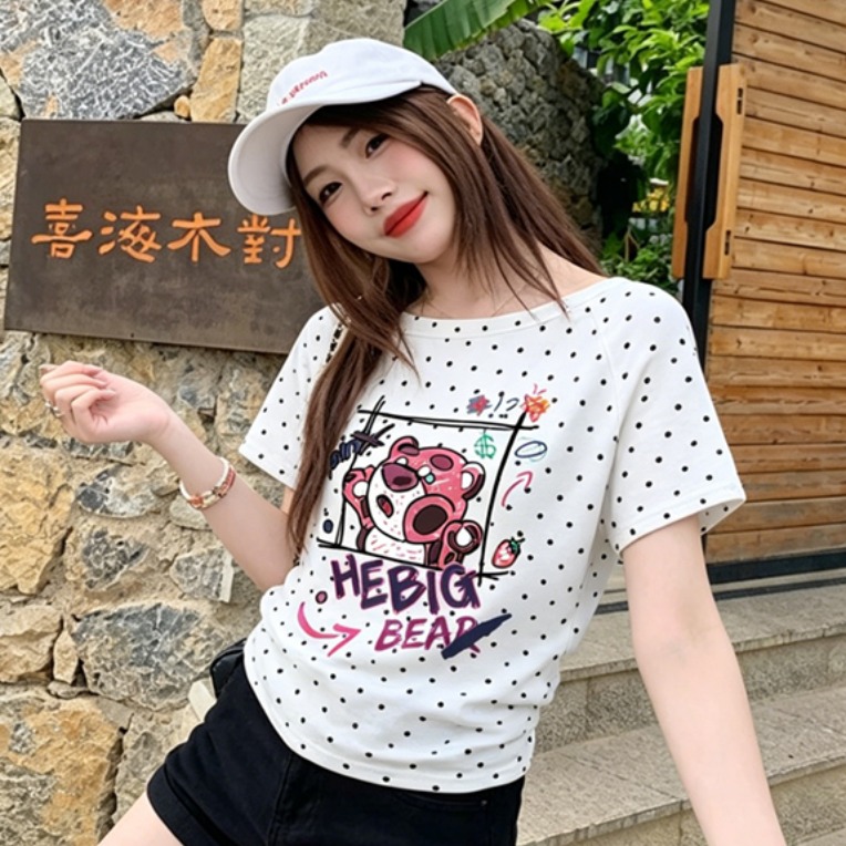 220 그램 40 순면 오스트리아 세대 서울 도트 무늬 비스듬한 어깨 반팔 티셔츠 여성