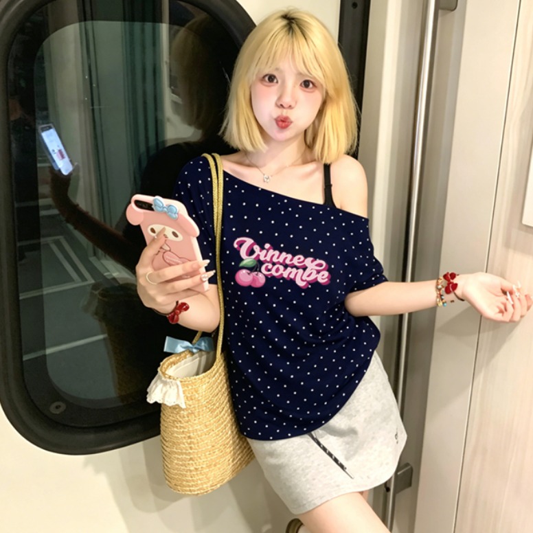 220 그램 40 순면 오스트리아 세대 서울 도트 무늬 비스듬한 어깨 반팔 티셔츠 여성