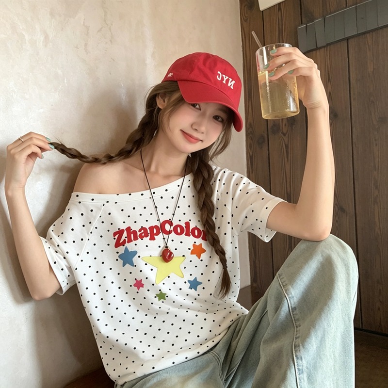 220 그램 40 순면 오스트리아 세대 서울 도트 무늬 비스듬한 어깨 반팔 티셔츠 여성