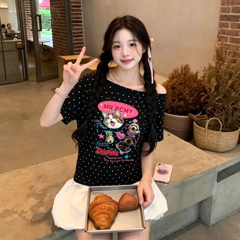 220 그램 40 순면 오스트리아 세대 서울 도트 무늬 비스듬한 어깨 반팔 티셔츠 여성