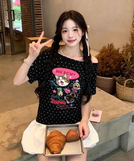 220 그램 40 순면 오스트리아 세대 서울 도트 무늬 비스듬한 어깨 반팔 티셔츠 여성