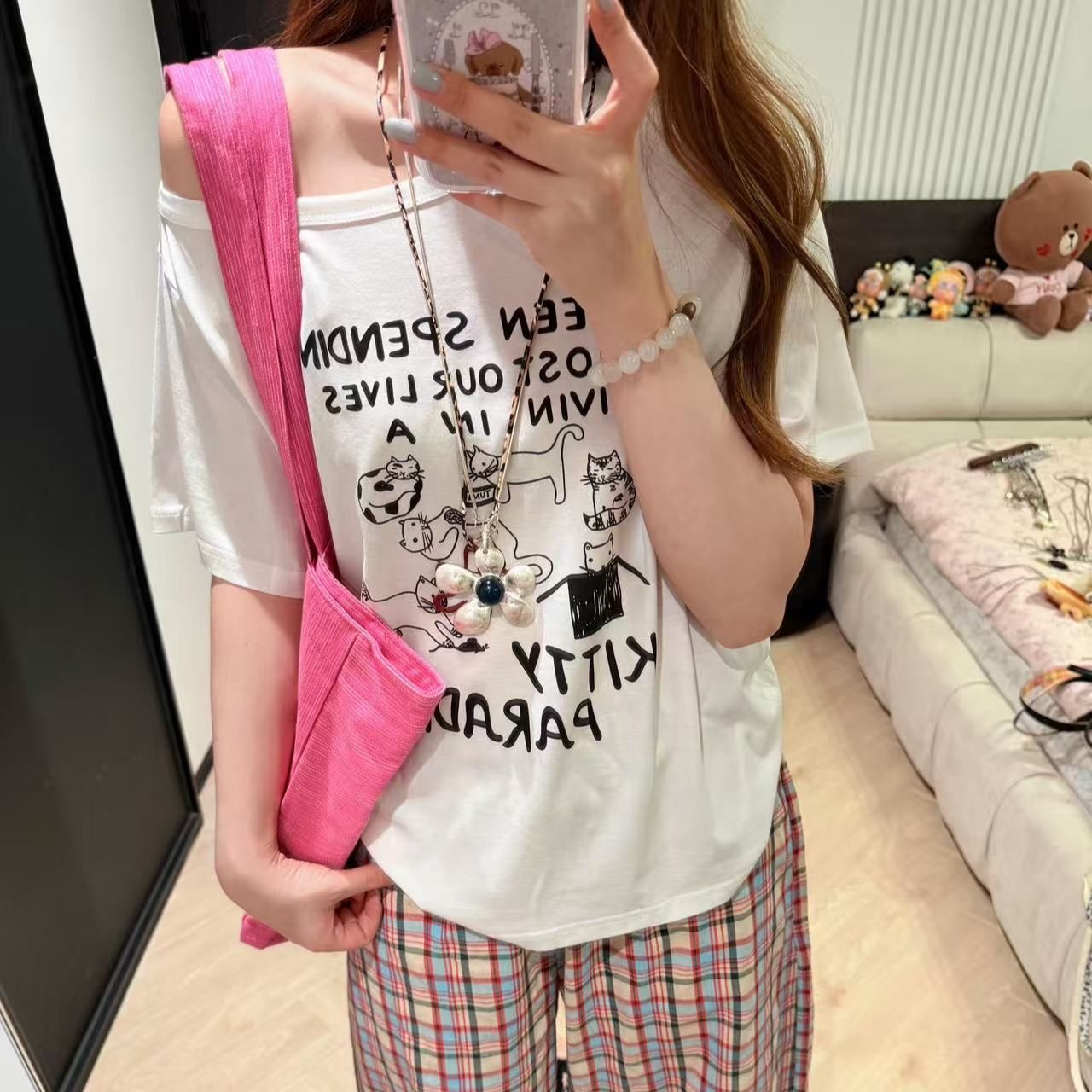 220 그램 92 면 8 암모니아 Lun 아메리칸 핫걸 비스듬한 어깨 알파벳 프린트 반팔 티셔츠 여성