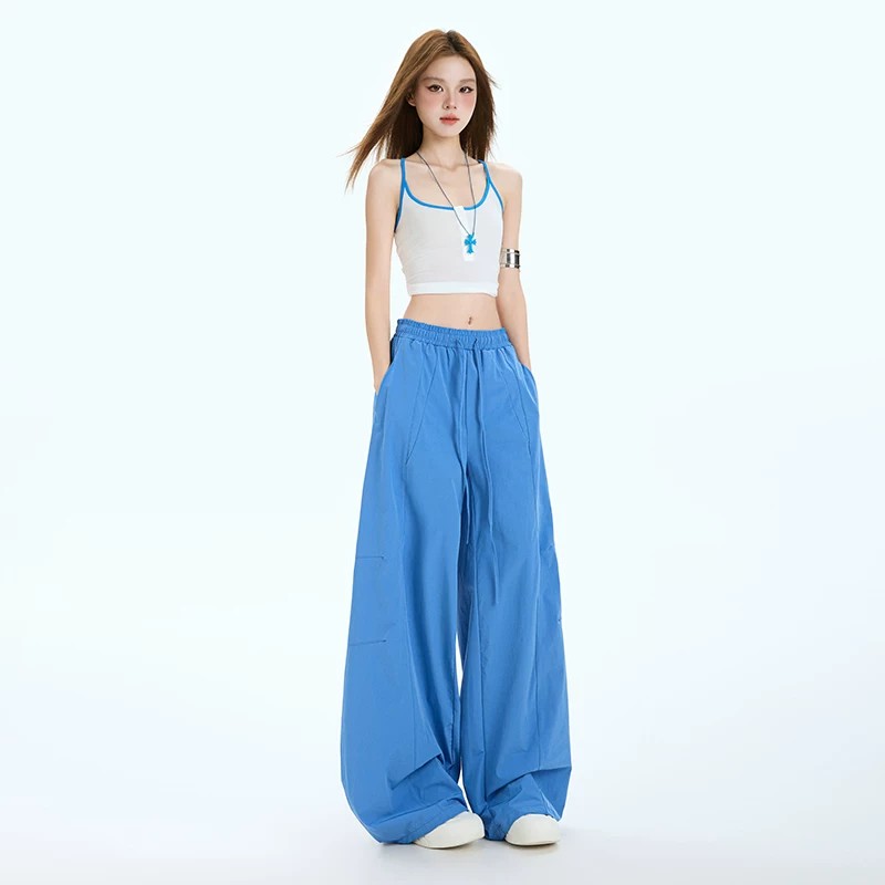 파란색 속도 건조한 모통이 칼 워크웨어 팬츠 여성 여름 얇은 스타일 캐주얼 아메리칸 와이드 레그 팬츠 어린이 작은 키 레트로 운동 바지