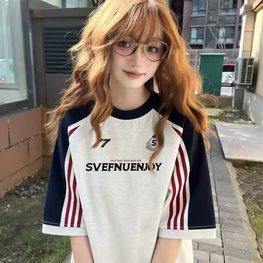 19 지점 면 220 그램 배색 패치워크 3개 바 프린트 반팔 티셔츠 여성