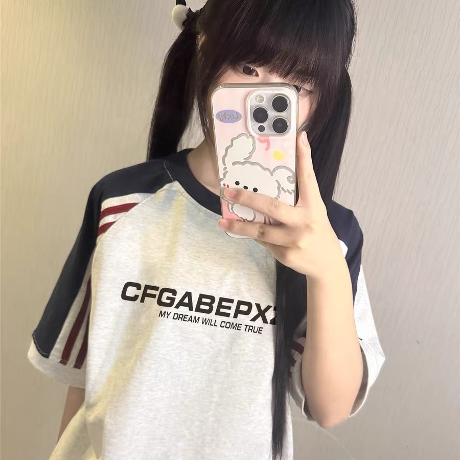 19 지점 면 220 그램 배색 패치워크 3개 바 프린트 반팔 티셔츠 여성