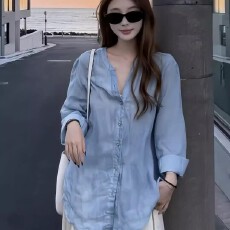 批发钱风松弛感蓝色亚麻防晒<b class='q'>衬衫女</b>夏轻薄穿搭休闲复古衬衣苎麻上衣