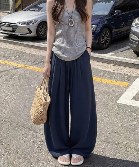 일본식 아마 모통이 칼 바지 여성 여름 얇은 스타일 하이웨이스트 도루 센스 오래된 돈 바람 지방 mm 빅 사이즈 자외선 차단 면 린넨 와이드 레그 팬츠