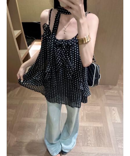 망사 네리 수 있습니다. 조정 어깨끈 도트 무늬 프릴 캐미솔 행침 목 레이스업 쉬폰 톱