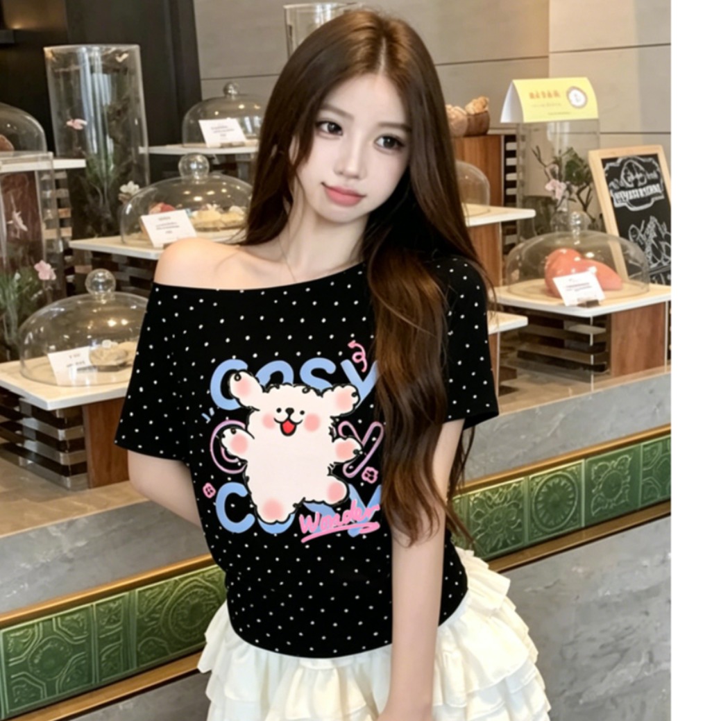 220 그램 40 순면 오스트리아 세대 서울 도트 무늬 비스듬한 어깨 반팔 티셔츠 여성