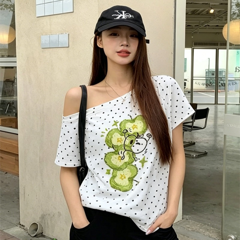 220 그램 40 순면 오스트리아 세대 서울 도트 무늬 비스듬한 어깨 반팔 티셔츠 여성