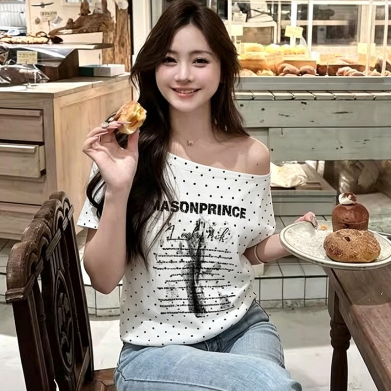 220 그램 40 순면 오스트리아 세대 서울 도트 무늬 비스듬한 어깨 반팔 티셔츠 여성