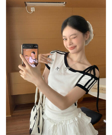 원본 것 원단 아메리칸 비스듬한 오프숄더 스트랩 스트라이프 반팔 티셔츠 여름 핫걸 긍정적 인 어깨 의류