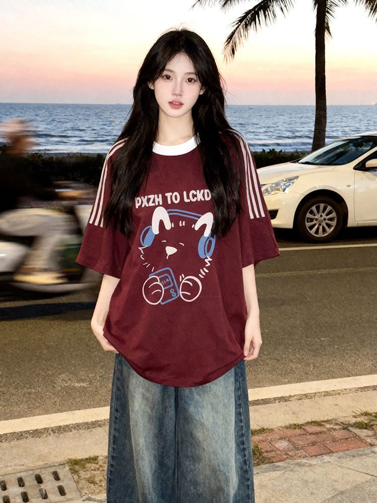 빗질하다 순면 230 크 순면 반팔 230 크 삽입 어깨 소매 3개 8 점 티셔츠 루즈핏 프린트