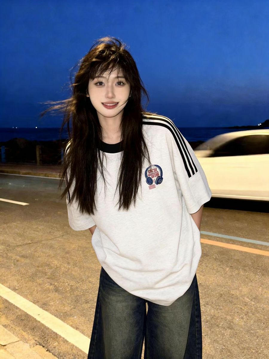 빗질하다 순면 230 크 순면 반팔 230 크 삽입 어깨 소매 3개 8 점 티셔츠 루즈핏 프린트