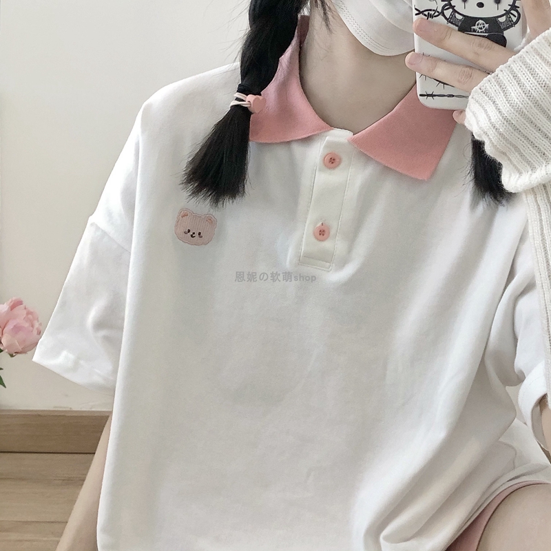 6535 물고기 규모 여름 학원 소녀 귀여운 패치워크 색상 작은 곰 자수 루즈핏 반팔 POLO 셔츠 폴로 칼라 티셔츠 여성